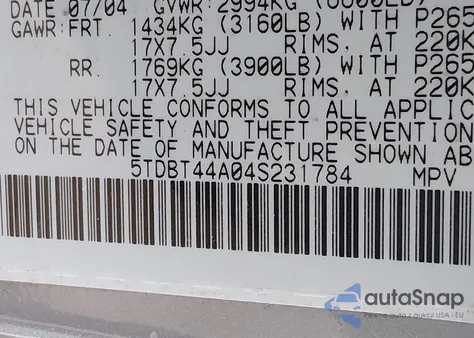 2004 Toyota Sequoia Sr5 V8 z USA, uszkodzony, nr VIN 5TDBT44A04S231784